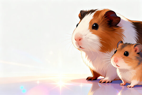 A hamster and a guinea pig  on a light pet background, great for pet store card, advert, advertisement, print