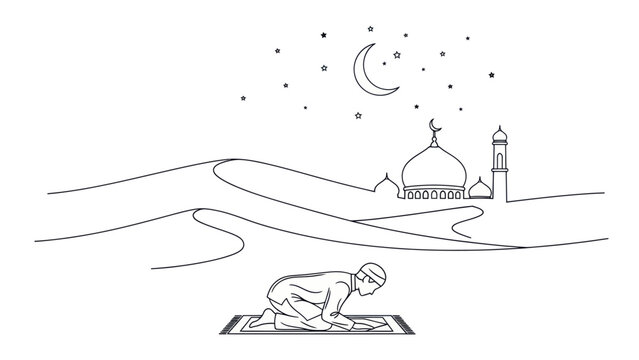 Muslim Man Praying on Prayer Mat in Desert Landscape at Night.