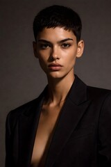 Fototapeta premium Young Mediterranean woman with short pixie haircut, olive skin tone, sharp jawline, elegant dark fashion portrait