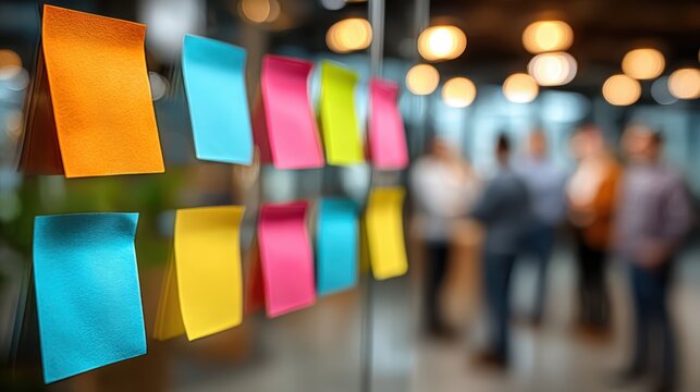 Collaborative business team brainstorming session with colorful sticky notes in modern office environment