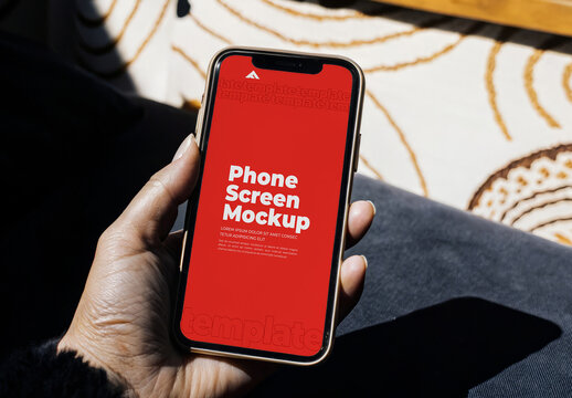 Close Up Smartphone Screen Mockup in Cozy Living Room Environment for Mobile App Branding