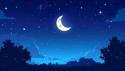 Serene Night Sky - Crescent Moon and Starry Landscape.
