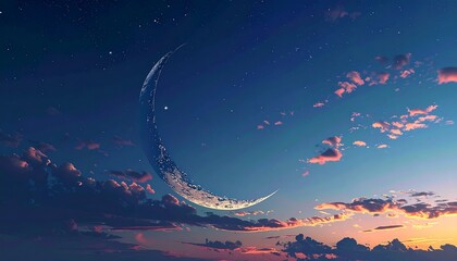 Serene Night Sky with Crescent Moon and Cloudscape.