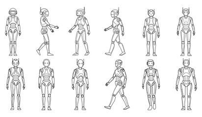 Obraz premium Collection of detailed black and white line art illustrations showcasing various humanoid android robots with different head designs and walking poses