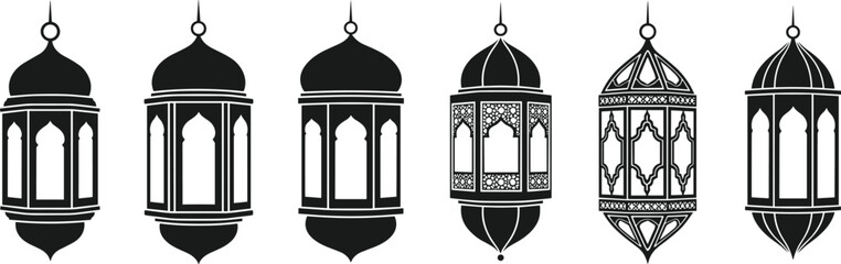 Islamic lantern silhouette set, Ramadan decoration, traditional hanging lamps, geometric patterns theme - flat vector illustration
