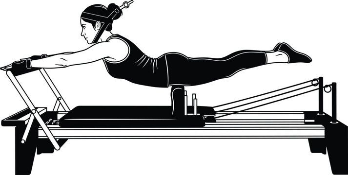 Pilates reformer exercise silhouette illustration, prone position, core strength, stability, flexibility training theme - flat vector design