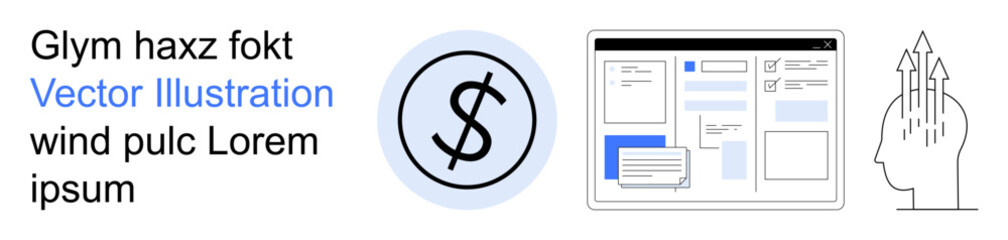 Obraz premium Finance, user interface design, cognitive analysis, technology, digital tools, problem-solving. Currency icon, UI layout and head with arrows. Finance and user interface design concept