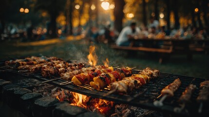 Grilling Delicious Kebabs over Open Fire in Outdoor Setting