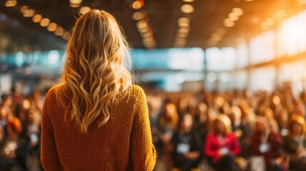 Woman Speaking at Conference with Audience in Background