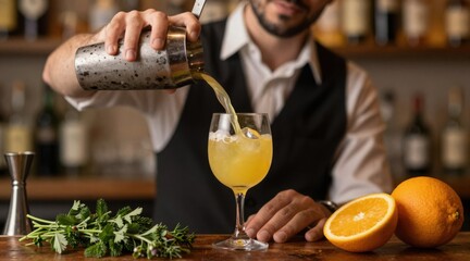 Bartender Pouring Yellow Cocktail with Fresh Ingredients