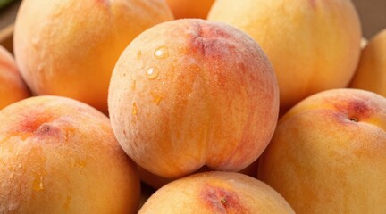 Fresh Juicy Peaches with Water Droplets in a Basket