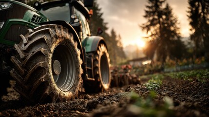 Tractor Plowing Soil at Sunrise in Rural Landscape