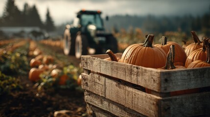 Harvested Pumpkins in Wooden Crate with Tractor in Background