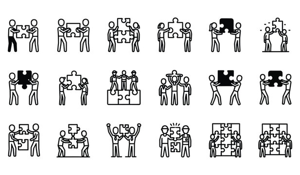 Collection of simple black and white line icons depicting various groups of people collaborating to solve complex problems using puzzle pieces representing teamwork and integration concepts.