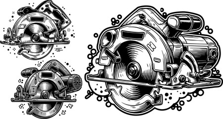 Circular Saw Vector Illustration Set, Woodworking Power Tool, Construction Equipment, Engraved Style, isolated on white