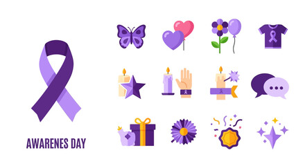 Fototapeta premium Collection of purple awareness day icons including a ribbon, butterfly, hearts, flowers, balloons, t-shirt, candles, stars, hands, gift, confetti, and sparkles.