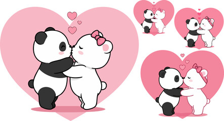 Cute cartoon panda and polar bear couple kissing, pink heart background, vector illustration set © Design
