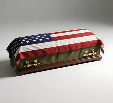 Minimalist military casket covered with a smooth ceremonial flag cloth