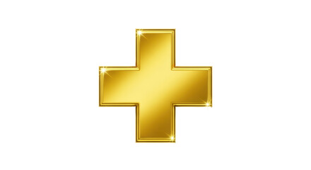 Obraz premium Golden plus sign PNG isolated on transparent background, shiny metallic cross symbol for medical or religious design
