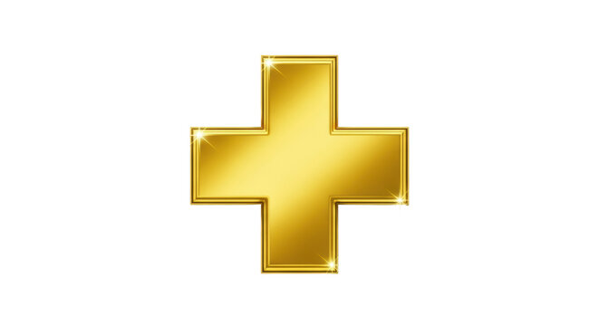 Golden plus sign PNG isolated on transparent background, shiny metallic cross symbol for medical or religious design