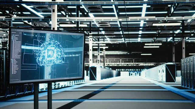 Data center AI technology on monitor overseeing blue wireframe mesh equipment rigs, VFX compositing. Artificial intelligence LLM in empty server room monitoring hardware with AR simulation