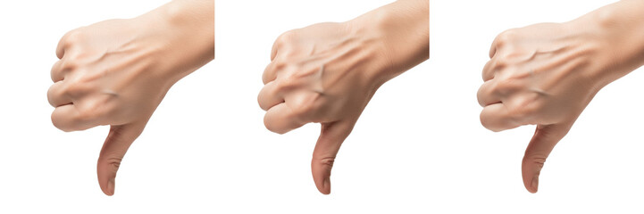 Thumbs down hand gesture close-up isolated on white background, human hand showing disapproval, negative hand signal, dislike gesture, hand posture, hand communication, body language, hand sign, finge © Image