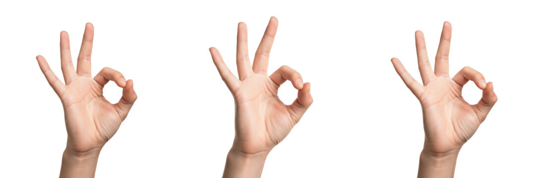 OK hand gesture close-up isolated on white background, human hand forming circle with thumb and index finger, approval sign, confirmation hand signal, positive gesture, hand posture, finger sign close