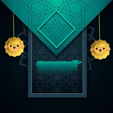 Eid aladha design featuring sheep and a cow, symbolic of the holiday celebration. Suitable for greeting cards, posters, social media.