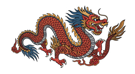 A vibrant red dragon with yellow and blue accents against a clean white background.