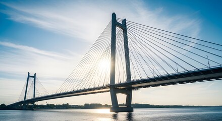 Obraz premium Modern cable-stayed bridge over a river at sunset or sunrise