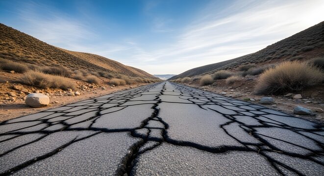 Cracked asphalt road leading to the horizon in a desolate desert valley.