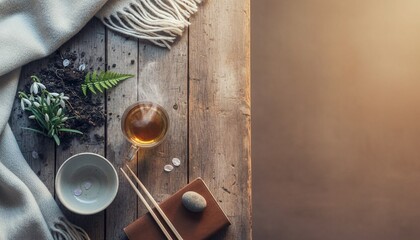 A serene tea setup featuring a cup, chopsticks, and decorative elements on a wooden table.