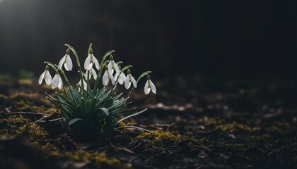 A cluster of snowdrop flowers blooming in dark soil with a blurred background.
