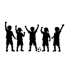 Obraz premium Joyful silhouettes of young soccer players raising their arms in triumph, celebrating a team victory with spirited enthusiasm and shared camaraderie on the field