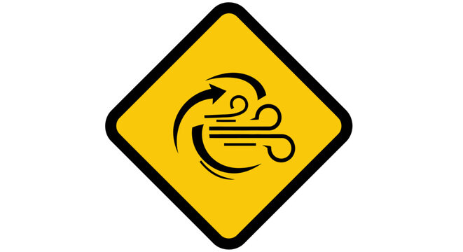 Yellow diamond warning sign depicting strong wind or adverse weather conditions, isolated white background.