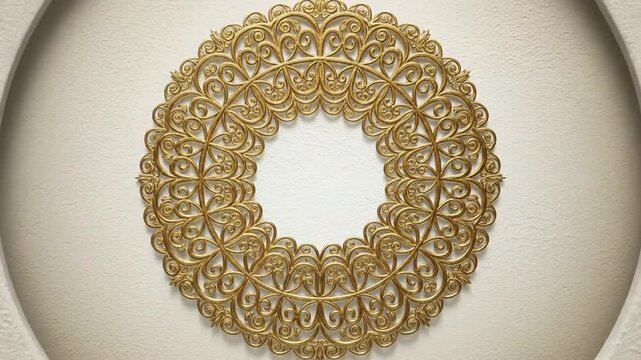 Golden Ornate Circular Pattern Expanding and Contracting, Elegant 3D Rendered Decorative Motion Graphic, Luxurious Warm Glow Seamless Loop Background for Event Opener