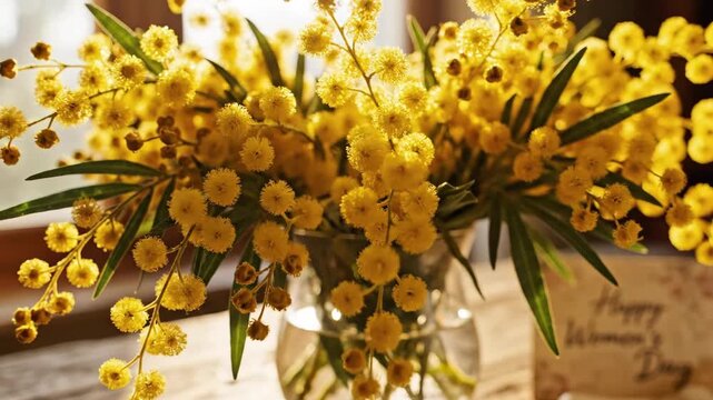 Mimosa Bouquet with Happy Women Day Card in Warm Sunlight