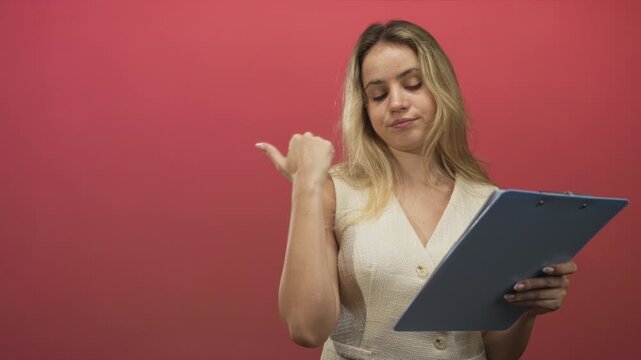 Woman young blonde holding clipboard, pointing thumb over shoulder in pink studio; annoyance dismissal impatience.