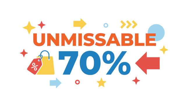 Unmissable 70% Off Sale Banner with Shopping Bag and Arrows