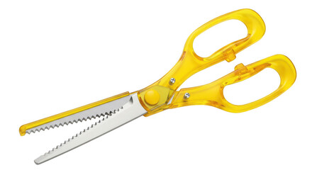 Bright yellow scissors ready for cutting isolated on a transparent background