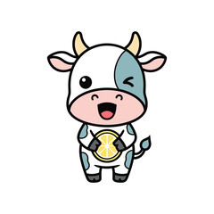 Fototapeta premium Cute cartoon cow mascot character smiling in superhero costume isolated on white background