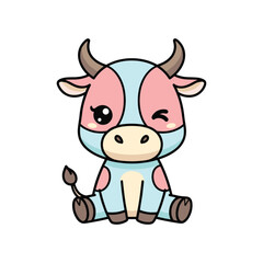 Cute cartoon calf sitting isolated on white background, kawaii baby cow mascot, vector illustration