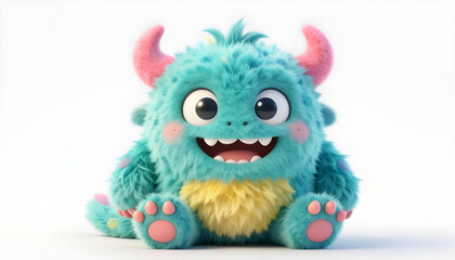 Naklejka premium Cute fluffy teal monster with pink horns and yellow chest sits happily