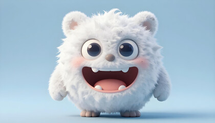 Obraz premium Cute fluffy white monster with big eyes and wide smile, isolated on a soft blue background