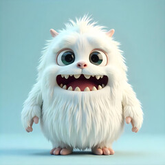 Obraz premium Cute fluffy white cartoon monster with big eyes and wide smile, standing against a light blue background