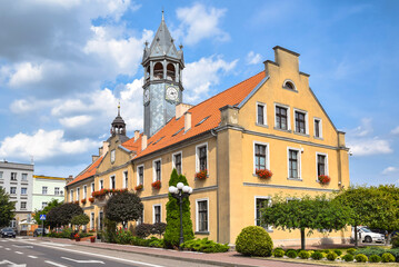 Obraz premium Neo-Gothic Town Hall in Barczewo, Warmian-Masurian Voivodeship, Poland.