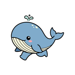 Obraz premium Cute cartoon blue whale character smiling and waving with water splash isolated on white background