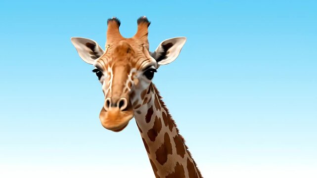 Close-up portrait of a giraffe's head and neck against a clear blue sky