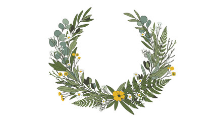 Floral Wreath with Greenery and Yellow Flowers. © Mahkota