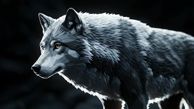 Powerful digital illustration of a majestic grey wolf, its piercing yellow eyes glowing intensely in the dark, symbolizing the untamed spirit and raw strength of the wilderness